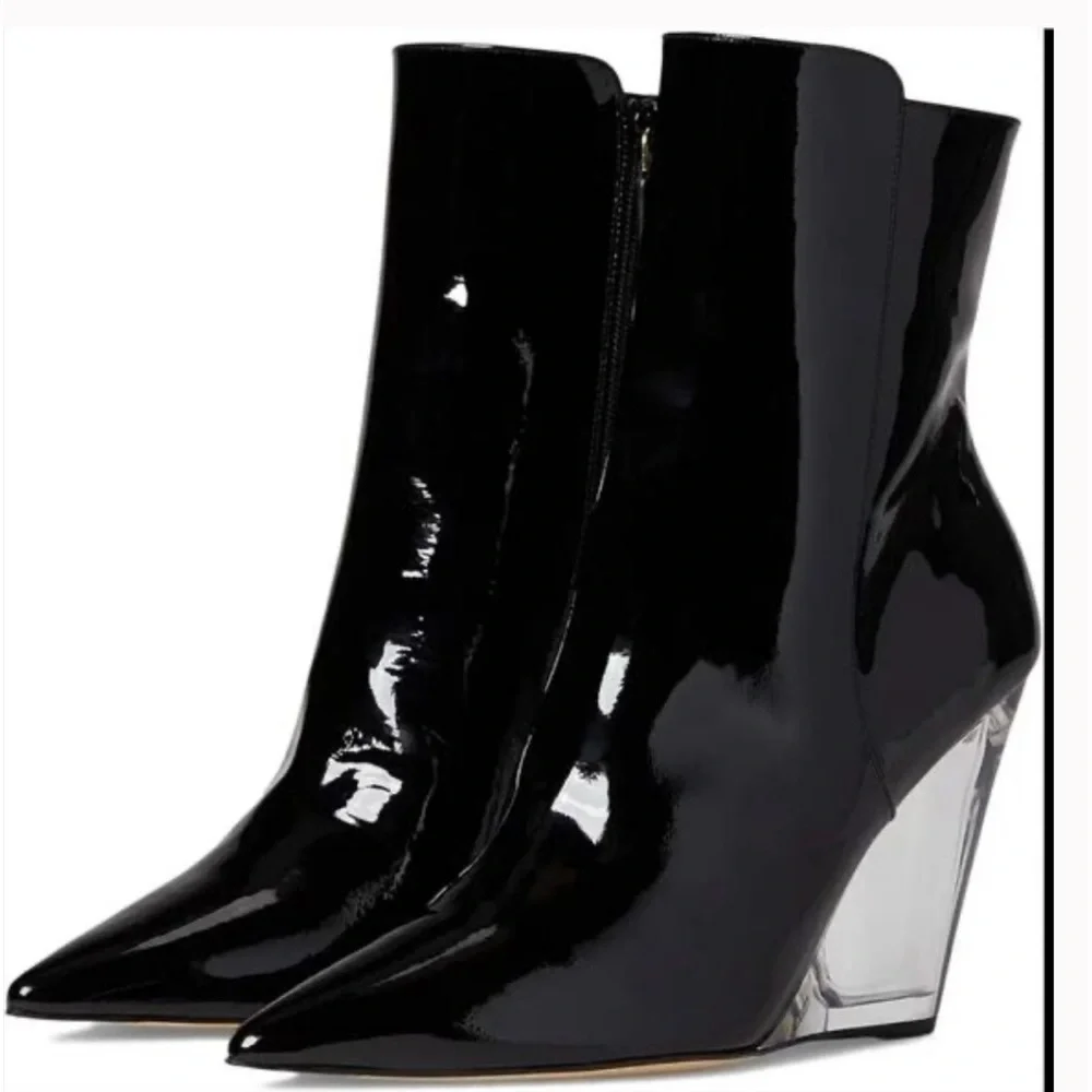 Stuart Weitzman lucite 100 patent leather ankle boots clear wedge heel